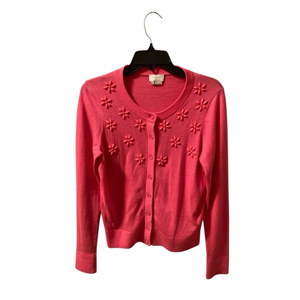 Kate Spade Cardigan Sweater Floral Cluster Havana Coral Beaded Silk Blend Sz M
